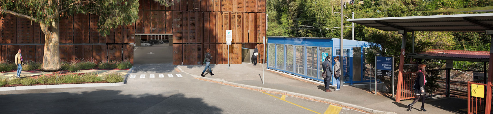 Six commuters outside the Belgrave Station precinct.