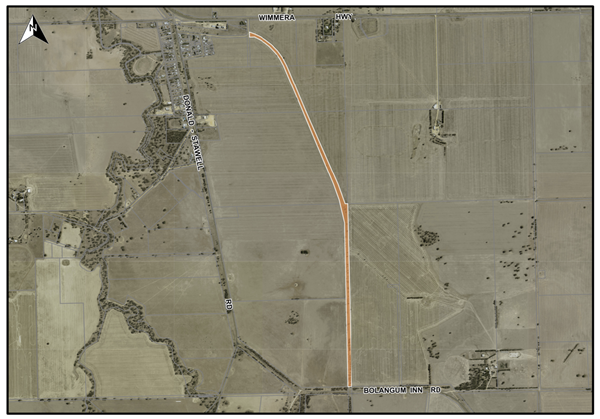 An aerial map showing boundaries of Wimmera Highway and Bolangum Inn Road, Marnoo