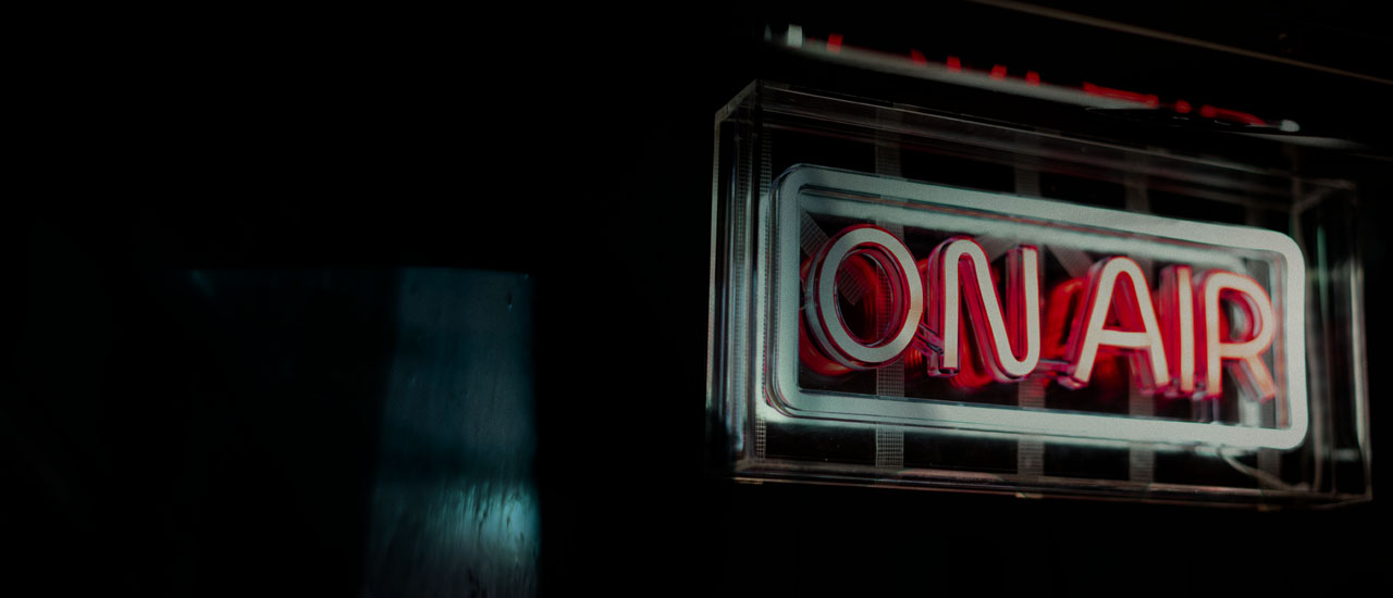 An "on air" sign in a radio station