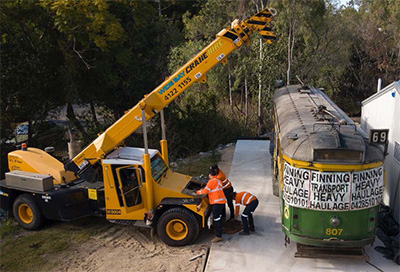 An old Melbourne tram that is being repainted.